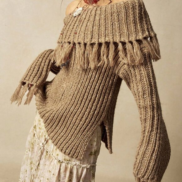 Khaki Casual Women's Off Shoulder Fringe Knit Sweater - Picture 6 of 9